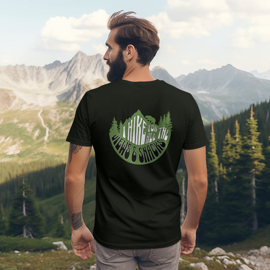 I Hike for the Views and Snacks Mountain Graphic T-shirt | Outdoor Adventure Shirt